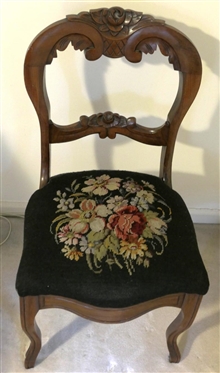Mahogany Victorian Carved Side Chair with Needlepoint Seat - Balloon Back with Carved Roses - Chair is 34 Tall 