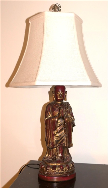 Red Lacquered Chalk Budha Lamp with Gold Accents - Lamp is 17" To Bulb 