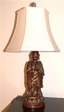 Red Lacquered Chalk Budha Lamp with Gold Accents - Lamp is 17 To Bulb 