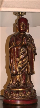Red Lacquered Chalk Budha Lamp with Gold Accents - Lamp is 17 To Bulb 
