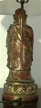 Red Lacquered Chalk Budha Lamp with Gold Accents - Lamp is 17 To Bulb 