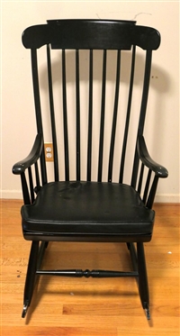 Black Painted Plank Bottom Rocking Chair - Spindle Back - Turned Stretcher - Sturdy Construction - Vinyl Seat Cushion 