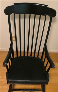 Black Painted Plank Bottom Rocking Chair - Spindle Back - Turned Stretcher - Sturdy Construction - Vinyl Seat Cushion 