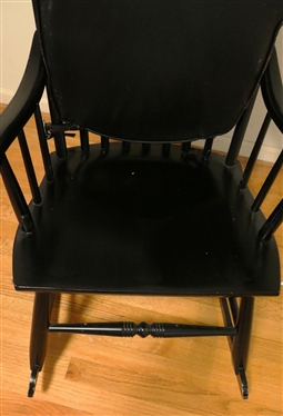 Black Painted Plank Bottom Rocking Chair - Spindle Back - Turned Stretcher - Sturdy Construction - Vinyl Seat Cushion 