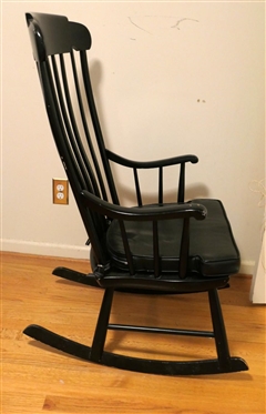 Black Painted Plank Bottom Rocking Chair - Spindle Back - Turned Stretcher - Sturdy Construction - Vinyl Seat Cushion 