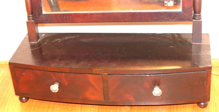 19th Century Mahogany Dresser Mirror - Acorn Finials - Finely Dovetailed Drawers - Crotch Mahogany Drawer Fronts - Glass Pulls - Mirror is 12 by 15 - Stand Measures 22 By 19 