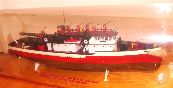 New York City Fire Boat - Fire Fighter - Ship Model - By Robert M. Zollinger, M.D. - Hand Crafted in Nice Plexiglass Case - Case is 8 Tall 22 Long - Model Ship is 18 Long