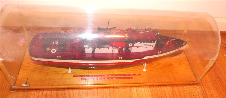 New York City Fire Boat - Fire Fighter - Ship Model - By Robert M. Zollinger, M.D. - Hand Crafted in Nice Plexiglass Case - Case is 8 Tall 22 Long - Model Ship is 18 Long