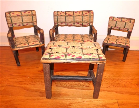4 Pieces of Handmade Doll Furniture with Woven Straw Seats - Sofa is 10 Tall 9 Long - Table is 6 1/2 Tall 7 1/2 by 5