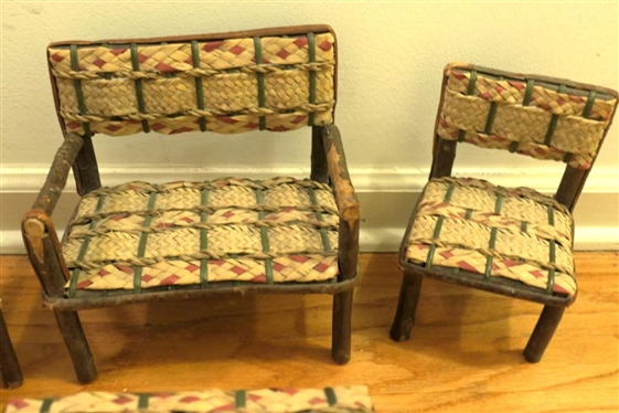 4 Pieces of Handmade Doll Furniture with Woven Straw Seats - Sofa is 10 Tall 9 Long - Table is 6 1/2 Tall 7 1/2 by 5
