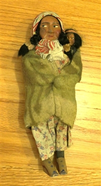 Skookum (Bully Good) Indian Squaw Doll with Baby - Original Clothes and Original Sticker - Doll is 10 1/2 Tall 