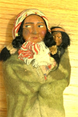 Skookum (Bully Good) Indian Squaw Doll with Baby - Original Clothes and Original Sticker - Doll is 10 1/2 Tall 