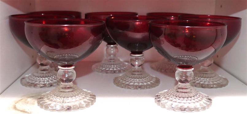 8 - Ruby Red Sherbets with Clear Bubble Foot - Each is 3 1/2 Tall