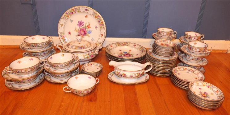 75 Pieces of Bavaria Dresden Flowers - (Schumann Aezberg) - 12 Platter, 7 Tureen, 9 1/2 Rimmed Soups, Cream Soups, Gravy Boat, Cup and Sauver Sets, Berry Bowls, and More