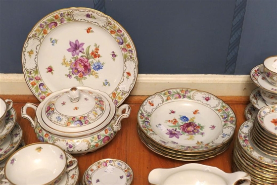 75 Pieces of Bavaria Dresden Flowers - (Schumann Aezberg) - 12 Platter, 7 Tureen, 9 1/2 Rimmed Soups, Cream Soups, Gravy Boat, Cup and Sauver Sets, Berry Bowls, and More
