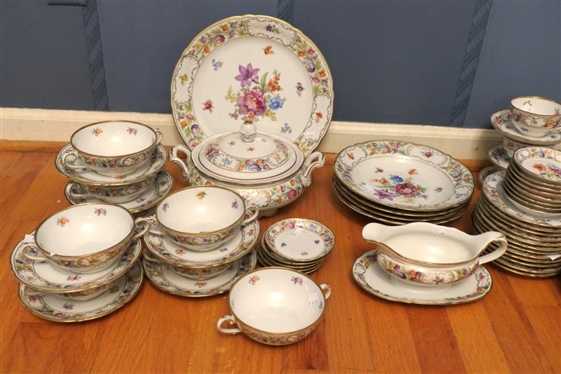 75 Pieces of Bavaria Dresden Flowers - (Schumann Aezberg) - 12 Platter, 7 Tureen, 9 1/2 Rimmed Soups, Cream Soups, Gravy Boat, Cup and Sauver Sets, Berry Bowls, and More