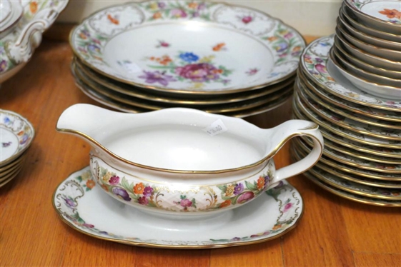 75 Pieces of Bavaria Dresden Flowers - (Schumann Aezberg) - 12 Platter, 7 Tureen, 9 1/2 Rimmed Soups, Cream Soups, Gravy Boat, Cup and Sauver Sets, Berry Bowls, and More