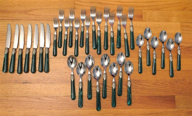 35 Pieces of Inox Flatware with Malachite Colored Handles - Dinner Forks, Knives, Tea Spoons, Table Spoons - 