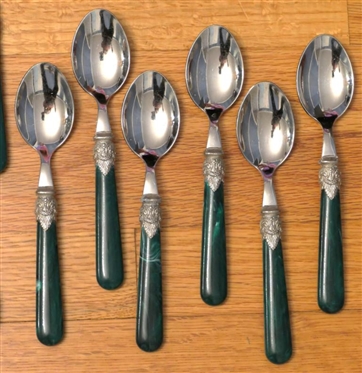 35 Pieces of Inox Flatware with Malachite Colored Handles - Dinner Forks, Knives, Tea Spoons, Table Spoons - 