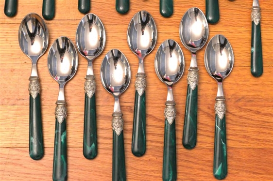 35 Pieces of Inox Flatware with Malachite Colored Handles - Dinner Forks, Knives, Tea Spoons, Table Spoons - 