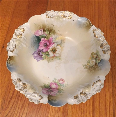 R.S. Prussia 10 1/2 Bowl - Hand Painted Flowers and Embossed Floral Trim 