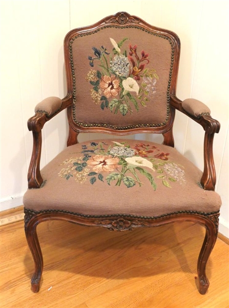 Pretty French Style Needlepoint Arm Chair - Beautiful Floral Back and Seat with Nail Head Trim Carved Crest - Chair is 36" Tall 
