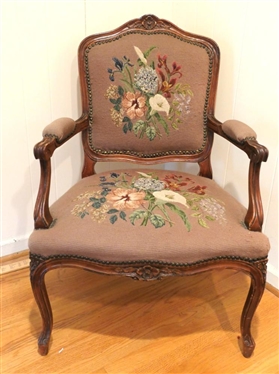 Pretty French Style Needlepoint Arm Chair - Beautiful Floral Back and Seat with Nail Head Trim Carved Crest - Chair is 36 Tall 