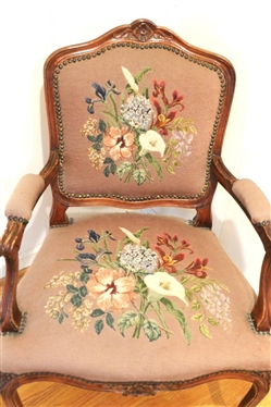 Pretty French Style Needlepoint Arm Chair - Beautiful Floral Back and Seat with Nail Head Trim Carved Crest - Chair is 36 Tall 