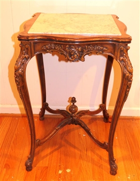 Nice French Occasional Table with Carved Frame - Marble Top  - Carved Cabriole Legs - Table is 27 1/2 Tall 18 by 18 
