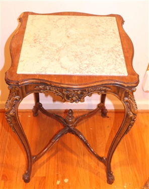 Nice French Occasional Table with Carved Frame - Marble Top  - Carved Cabriole Legs - Table is 27 1/2 Tall 18 by 18 