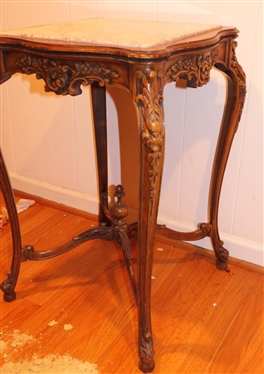 Nice French Occasional Table with Carved Frame - Marble Top  - Carved Cabriole Legs - Table is 27 1/2 Tall 18 by 18 