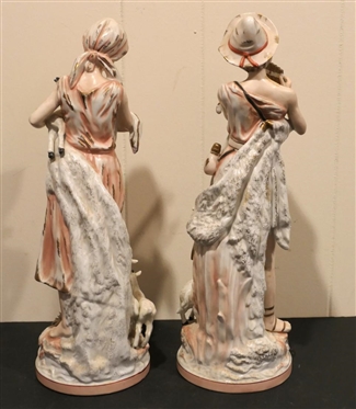 Pair of Antique Porcelain Figures - Woman with Goats and Man with Sheep - Hand Painted - Each Figure is 16 tall - Goat Ear is Chipped Otherwise Both are in Good Overall Condition 