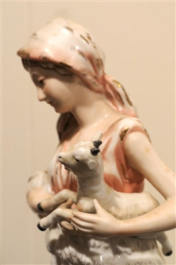Pair of Antique Porcelain Figures - Woman with Goats and Man with Sheep - Hand Painted - Each Figure is 16 tall - Goat Ear is Chipped Otherwise Both are in Good Overall Condition 