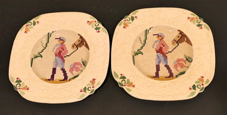 2 Mason''s England Sample Pattern Square Plates - 9 Across Equestrian Plates 