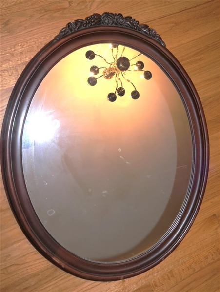 Oval Mahogany Mirror  with Fruit Carved Crest - 34 1/2" By 26"