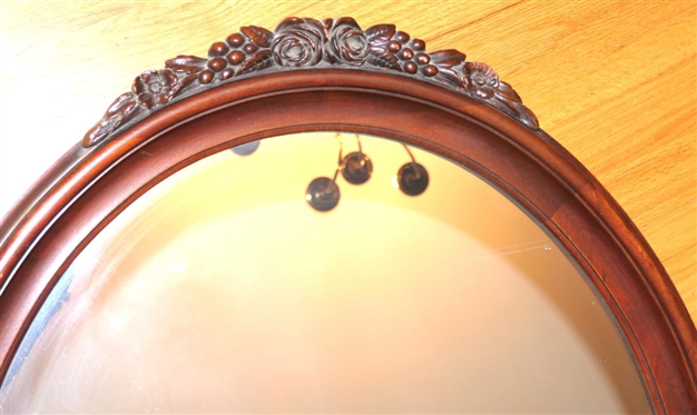 Oval Mahogany Mirror  with Fruit Carved Crest - 34 1/2 By 26