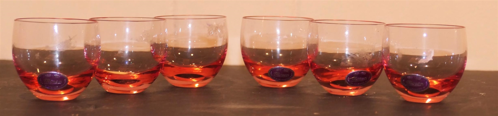 6 Pink Moser Glass Shot Glasses - Most with Original Moser Stickers - 1 3/4 tall 