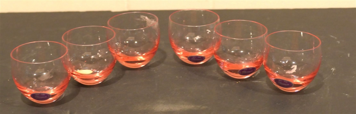 6 Pink Moser Glass Shot Glasses - Most with Original Moser Stickers - 1 3/4 tall 