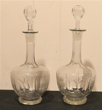 Pair of Beautiful Hand Blown Glass Decanters - 13 Tall 