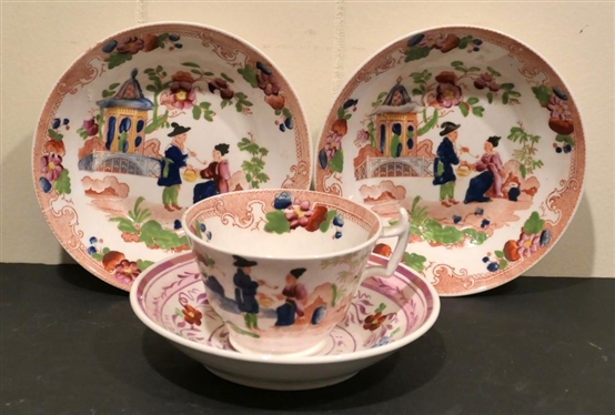 4 Pieces of 1820''s China with Oriental Scene  - 2 - 5 1/2 Bowls and 1 Cup and Saucer Set 
