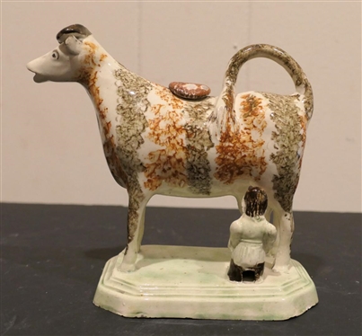 Late 18th Century Staffordshire Milk Cow with Milking Milk Maid - Statue is 6 1/2 Tall 6 1/2 Long - Some Rough Feeling Places Around Bottom Edge and One Ear