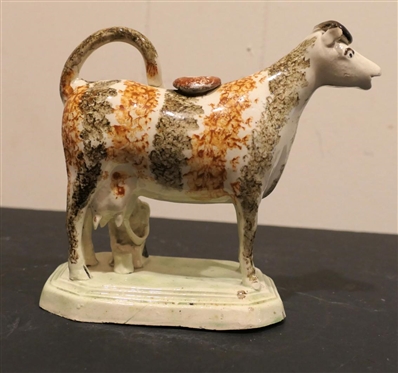 Late 18th Century Staffordshire Milk Cow with Milking Milk Maid - Statue is 6 1/2 Tall 6 1/2 Long - Some Rough Feeling Places Around Bottom Edge and One Ear
