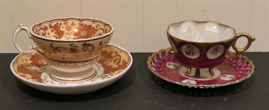 2 Antique Cup and Saucer Sets - Royal Sealy Japan Portrait Cup and Saucer and Copper Luster