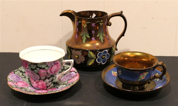 Copper Luster Pitcher 4 1/2 Pitcher, Copper Luster Cup and Saucer Set, and Rosina Made in England Bone China Cup and Saucer Set - Hydrangea Pattern 