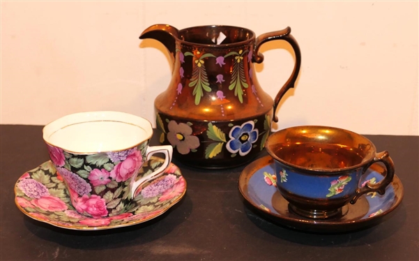 Copper Luster Pitcher 4 1/2 Pitcher, Copper Luster Cup and Saucer Set, and Rosina Made in England Bone China Cup and Saucer Set - Hydrangea Pattern 