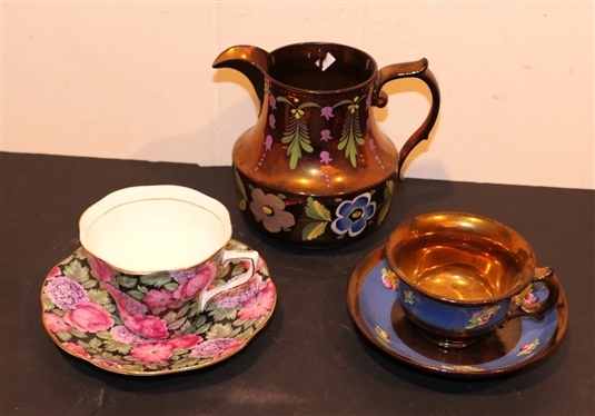 Copper Luster Pitcher 4 1/2 Pitcher, Copper Luster Cup and Saucer Set, and Rosina Made in England Bone China Cup and Saucer Set - Hydrangea Pattern 