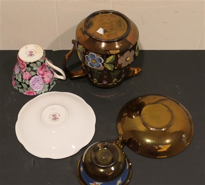 Copper Luster Pitcher 4 1/2 Pitcher, Copper Luster Cup and Saucer Set, and Rosina Made in England Bone China Cup and Saucer Set - Hydrangea Pattern 