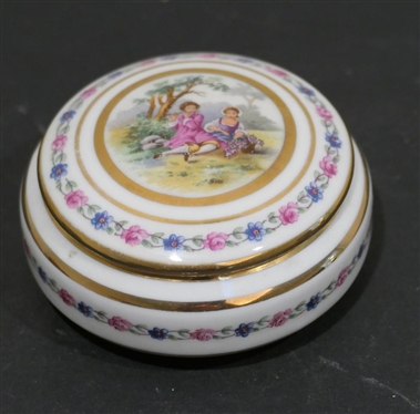 Paul Pastaud  - Limoges Dresser Box - Hand Painted Courting Scene on Top - Box is 2 Tall 3 Across
