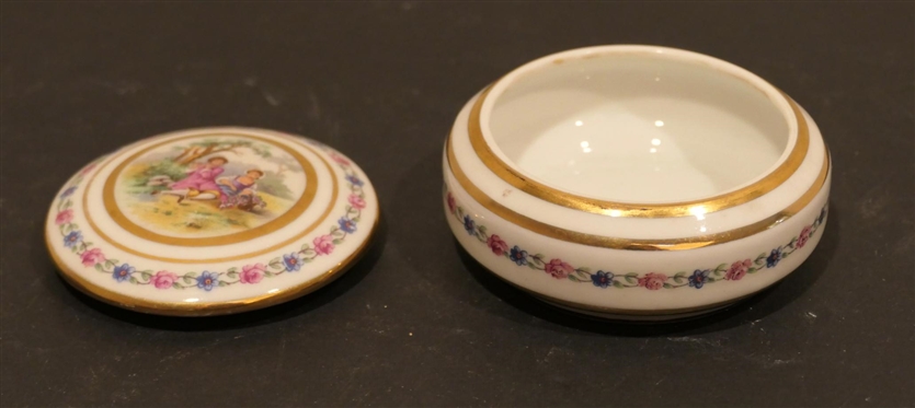 Paul Pastaud  - Limoges Dresser Box - Hand Painted Courting Scene on Top - Box is 2 Tall 3 Across