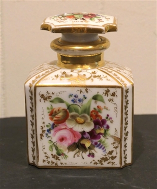 Hand Painted Dresden Flowers Dresser Bottle - Hand Painted Dresden Flowers with Gold Decoration - Bottle is 5 1/2 Tall 
